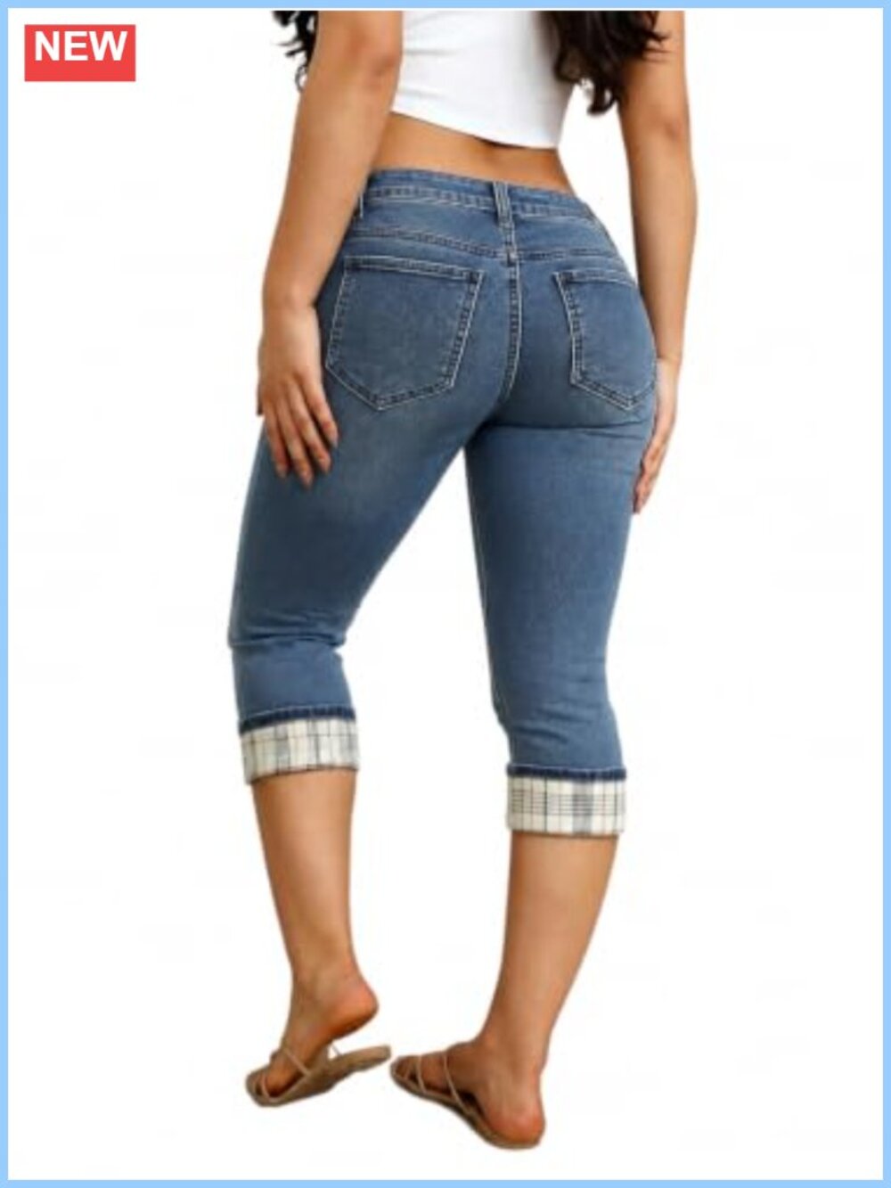 Capri Crop Denim Jeans for Women Mid Waist with Pockets, High Stretch Cotton